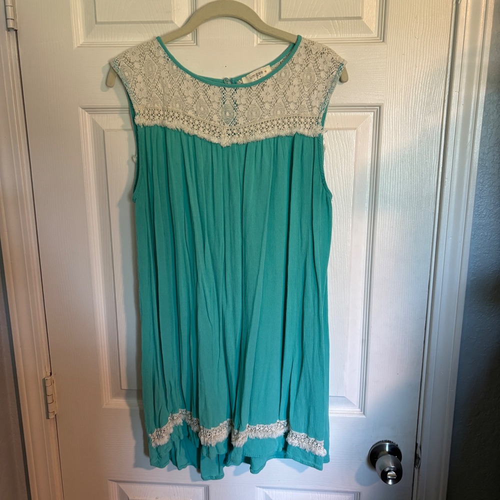 *Umgee USA Women's Boho Teal Crinkle Gauze Lace Yoke Fringe Sleeveless Dress 1XL